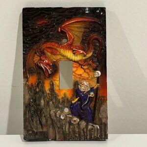 Vintage mythical 3D dragon & wizard single toggle resin light switch cover 1998